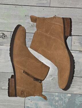 UGG Tan Suede Ankle Booties with Side Zip Sz 6.5